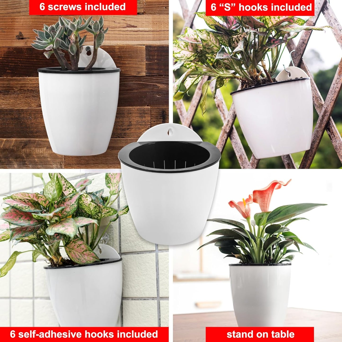 ORIMERC 6 Pack White Self Watering Planter Pots Vertical Living Wall Planter Indoor Outdoor Plant Wall Flower Basket Kitchen Herbs Railing Fence Trellis Decor (Small)