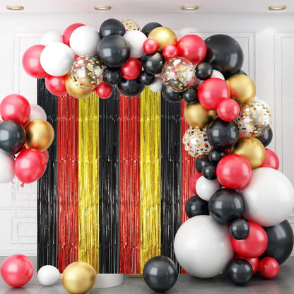 3 Pack 3.3 x 8.2 ft Red Black Gold Foil Fringe Backdrop Curtains, Tinsel Streamers Party Decorations, Fringe Backdrop, Door Shimmer for Thanksgiving Day or Birthday Party