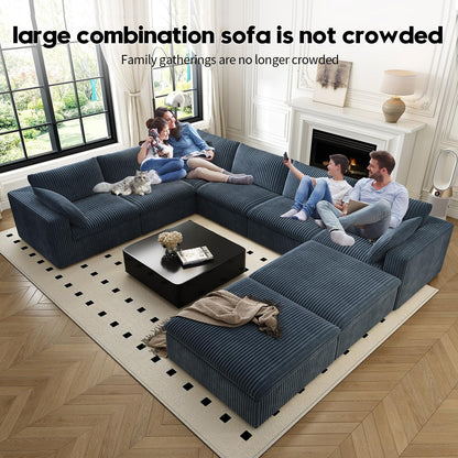 157.5" Cloud Couch Oversized Modular Sectional Sofa for Living Room,Modern Sofa with Deep Seat，8 Seater Boneless Couch with 2 Ottoman,Comfy Upholstered Couches for Apartment, Studio, Office,Blue