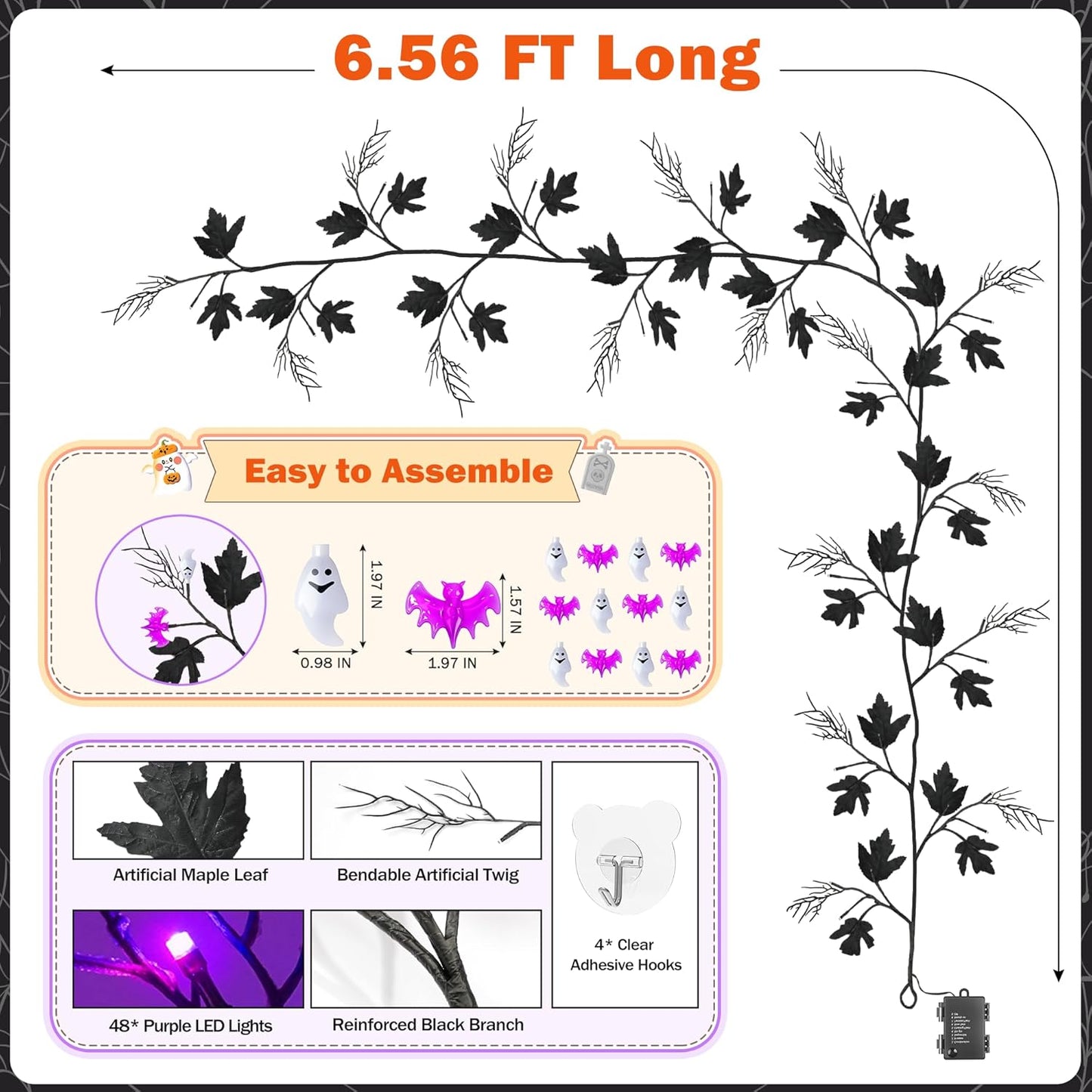 Halloween Lighted Willow Vine Twig Decoration, 6.56 FT Light up Garland Battery Operated with Purple LED Lights, 8 Modes and Timer, 12 Bat and Ghost Ornaments, 4 Adhesive Hooks