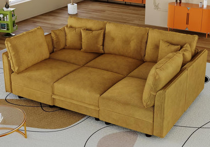 LLappuil Modular Sectional Sofa with Storage Seats, Corduroy Convertible Modular U Shaped Sectional Couch for Living Room, 6 Seat Oversized Sofa with 5 Back Cushion 5 Throw Pillow, Yellow