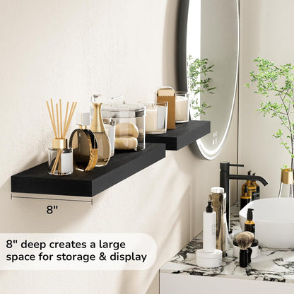 Fun Memories 24 Inch Floating Shelves - Deep Rustic Black Wooden Wall Shelves - Extra Deeper & Thicker Wall Mounted Storage Shelf for Bedroom, Kitchen, Farmhouse - 2 Pack, Rustic Black