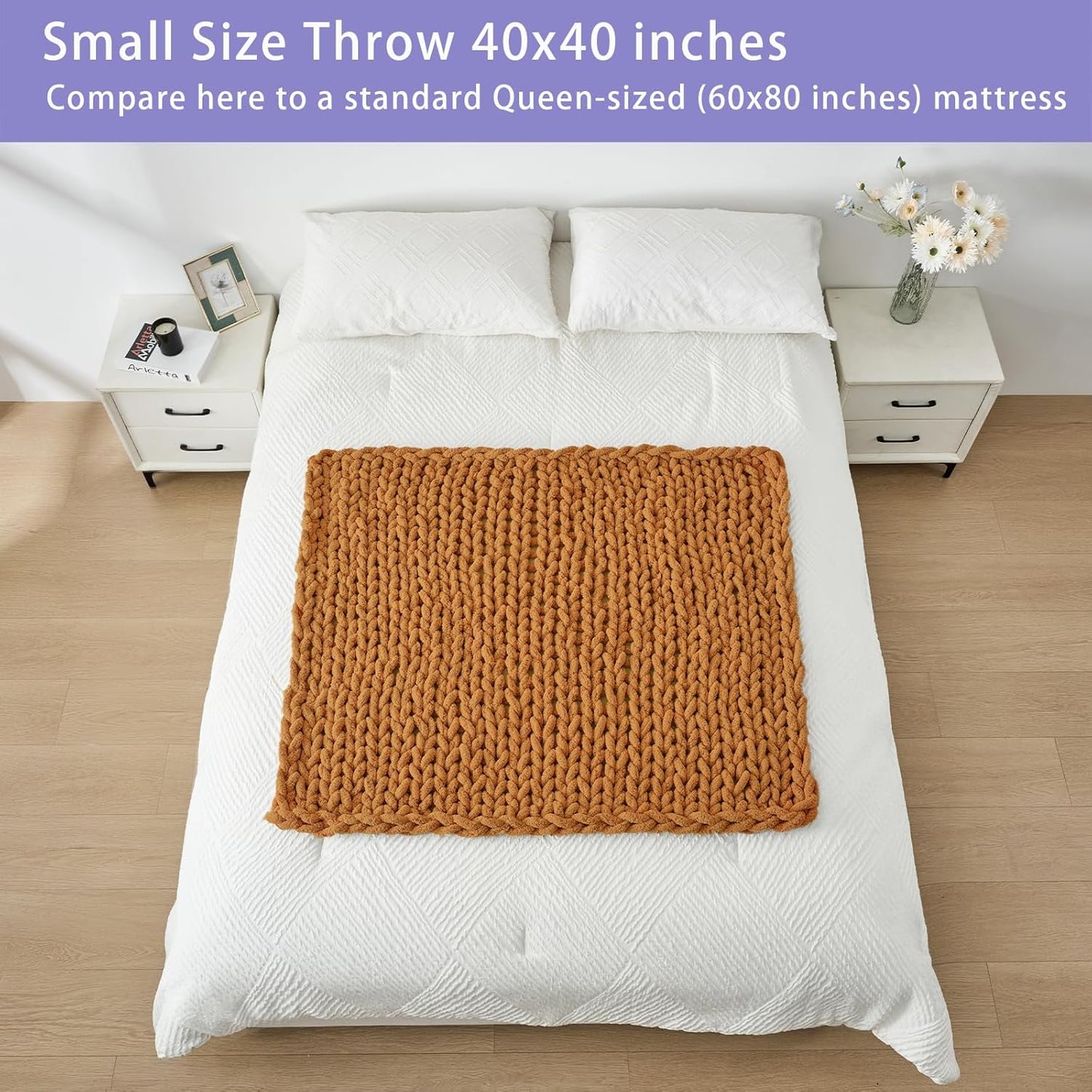 Bigacogo Chunky Knit Throw Blanket for Couch, 40x40 inches, 100% Hand Knitted with Thick Jumbo Chenille Yarn, Cozy Soft Large Rope Knot Cable Crochet Blankets for Sofa Bed Living Room, Burnt Orange