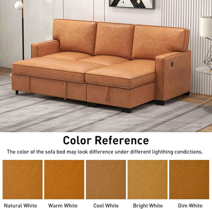 EBELLO Convertible Sleeper Sofa 3 in 1, Faux Leather Modern L-Shaped Couches for Living Room, Pull Out Sectional Futon Sofa Bed with Storage Space, USB Ports and Cup Holders for Bedroom, Brown