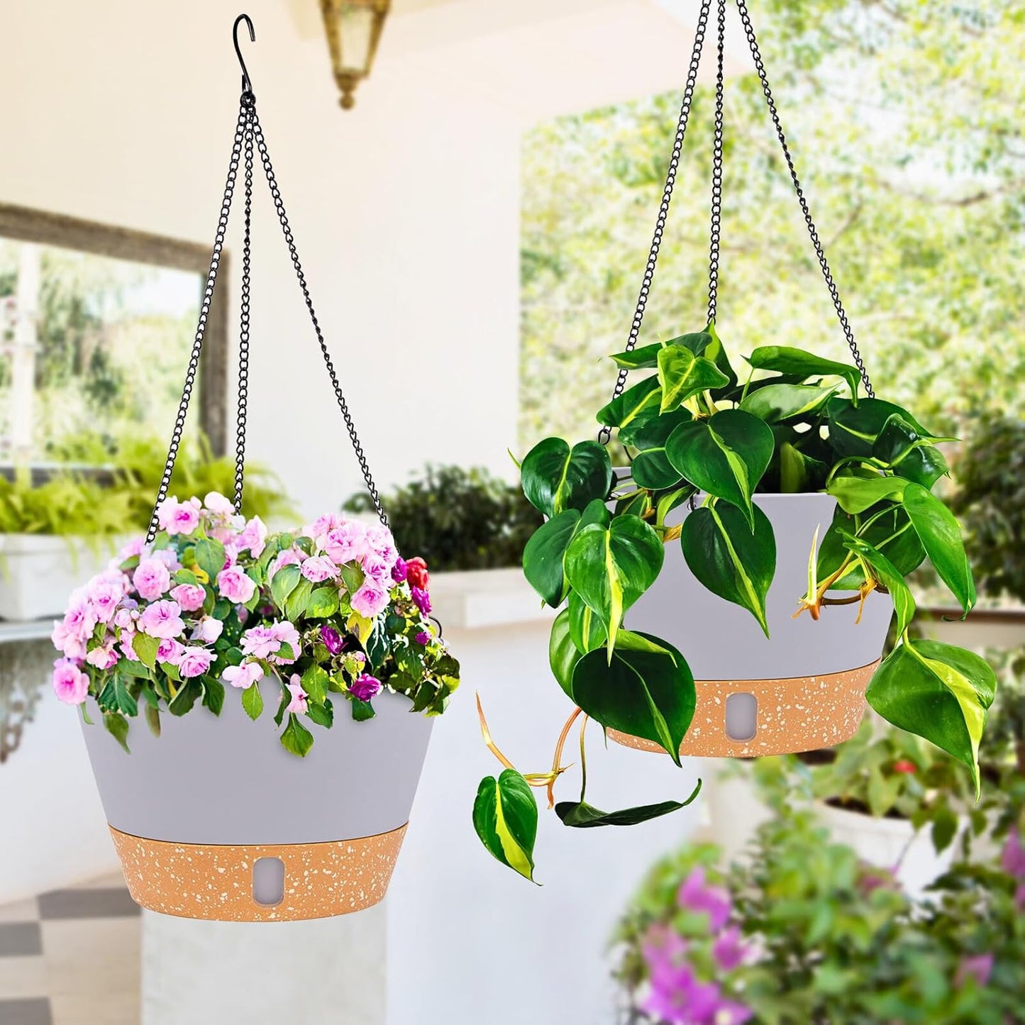 QCQHDU 2 Pack Hanging Planters for Indoor Outdoor Plants, 8 Inch Hanging Baskets Flower Pots with Reservoir Tray & Visible Water-Level