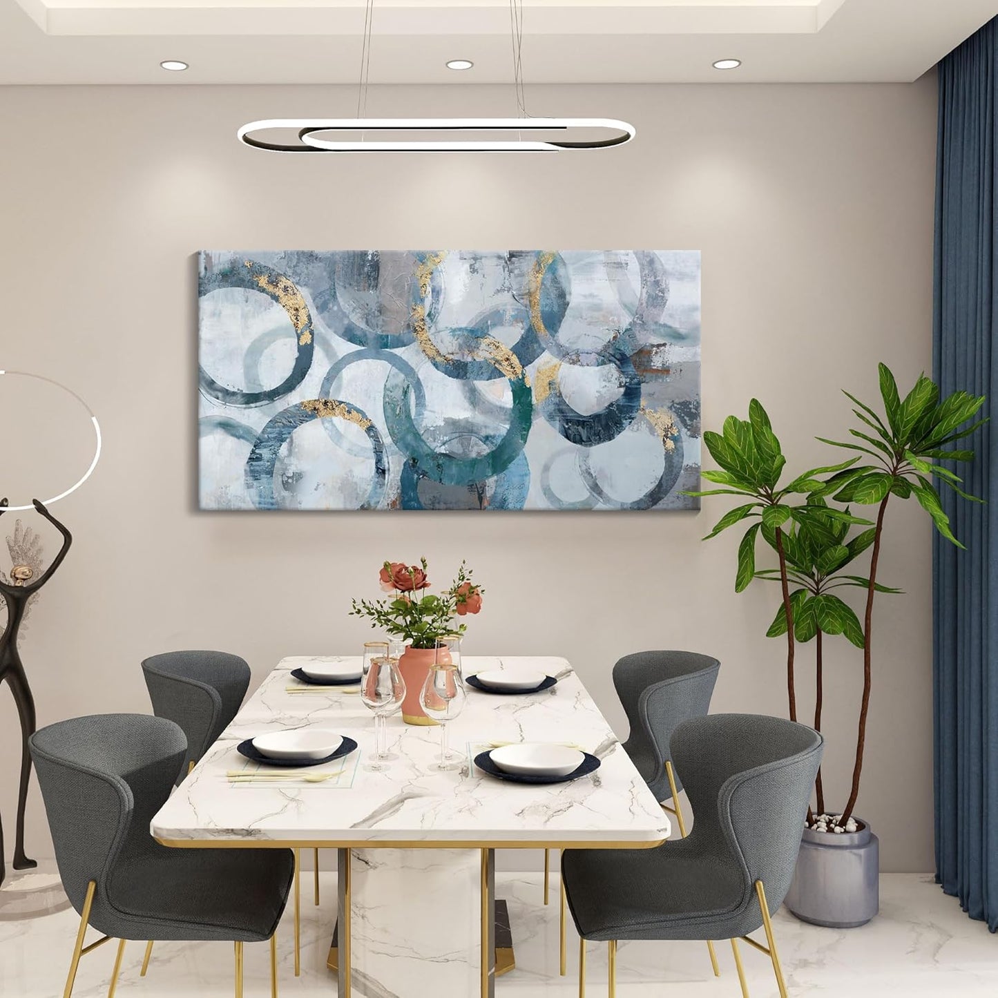 Abstract Canvas Wall Art, Modern Minimalist Wall Decor for Living Room - Blue, Teal Room Decorations, Framed 24x48IN