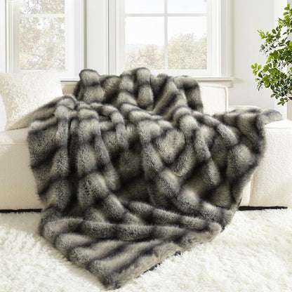HORIMOTE HOME Luxury Faux Fur Throw Blanket, Non-Shedding 50"x60" Fur Blanket Throw, Ultra Soft Blankets for Bed, Couch and Sofa, Premium Soft, Thick Fluffy Throws, Gray Black Stripes