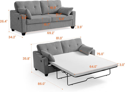 CHIC HOUSE Pull Out Sofa Bed, Full Size Sleeper Sofa, 2-in-1 Convertible Corduroy Couch with USB Charging, Memory Form Couch for Living Room, Apartment and Small Space (Grey, Corduroy - Queen Size)