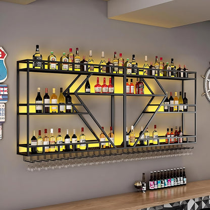 Wall Mounted Wine Rack with Glass Holder, 3-Tier Metal Storage Shelf, Black Diamond Design, Wine Bottle Display with Stemware Storage (Black, 78.74in/200cm)