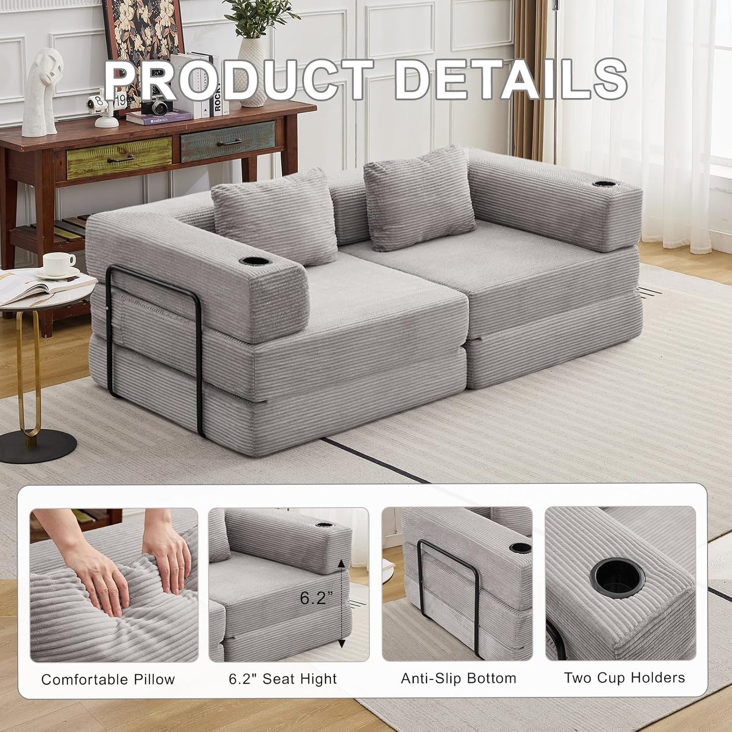 78" W Loveseat Sofa, 4 in 1 Convertible Floor Sofa Bed, Boneless Cloud Couch with Cup Holder, Fold Out Floor Couch, Loveseat Recliner Sleeper for Living Room Bedroom Lounge(Corduroy, White)