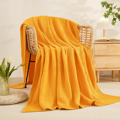 EMME Cotton Throw Blanket for Couch Soft Muslin Blankets 50"x60" Lightweight Breathable Blanket All Season Gauze Blanket, Mustard Yellow