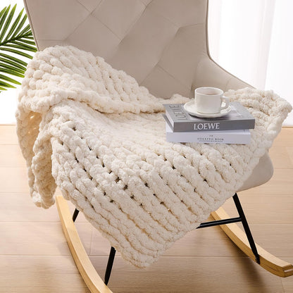 L'AGRATY Chunky Knit Blanket Throw: 30''x40'' Chenille Chunky Knitted Throw Blankets for Bed Couch - Handmade Thick Big Cable Knit Blankets - Large Crochet Rope Blanket for Home Decor(Ivory)