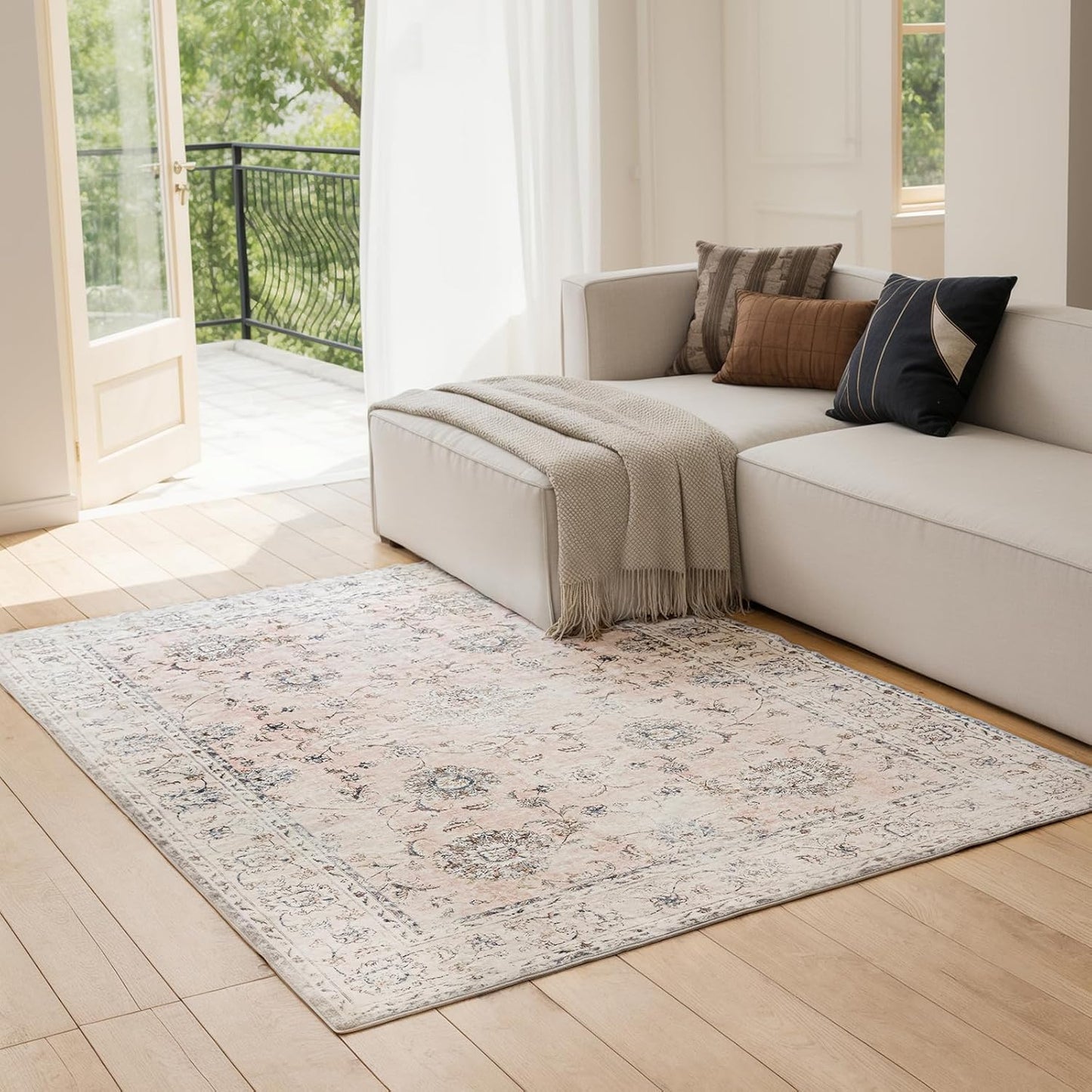 5'x7' Vintage Floral Rug - Persian Inspired Low-Pile Faux Wool Area Rug, Non-Slip Washable Rug for Bedroom, Nursery, Dorm, Soft Pink Boho Chic Decor