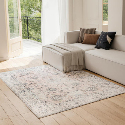 5'x7' Vintage Floral Rug - Persian Inspired Low-Pile Faux Wool Area Rug, Non-Slip Washable Rug for Bedroom, Nursery, Dorm, Soft Pink Boho Chic Decor
