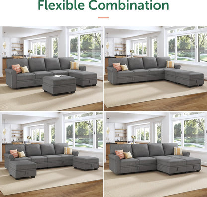 HONBAY Convertible Sectional Sofa with Storage U Shaped Sectional Couch with Reversible Chaise Small Sectional Couches for Living Room,Grey