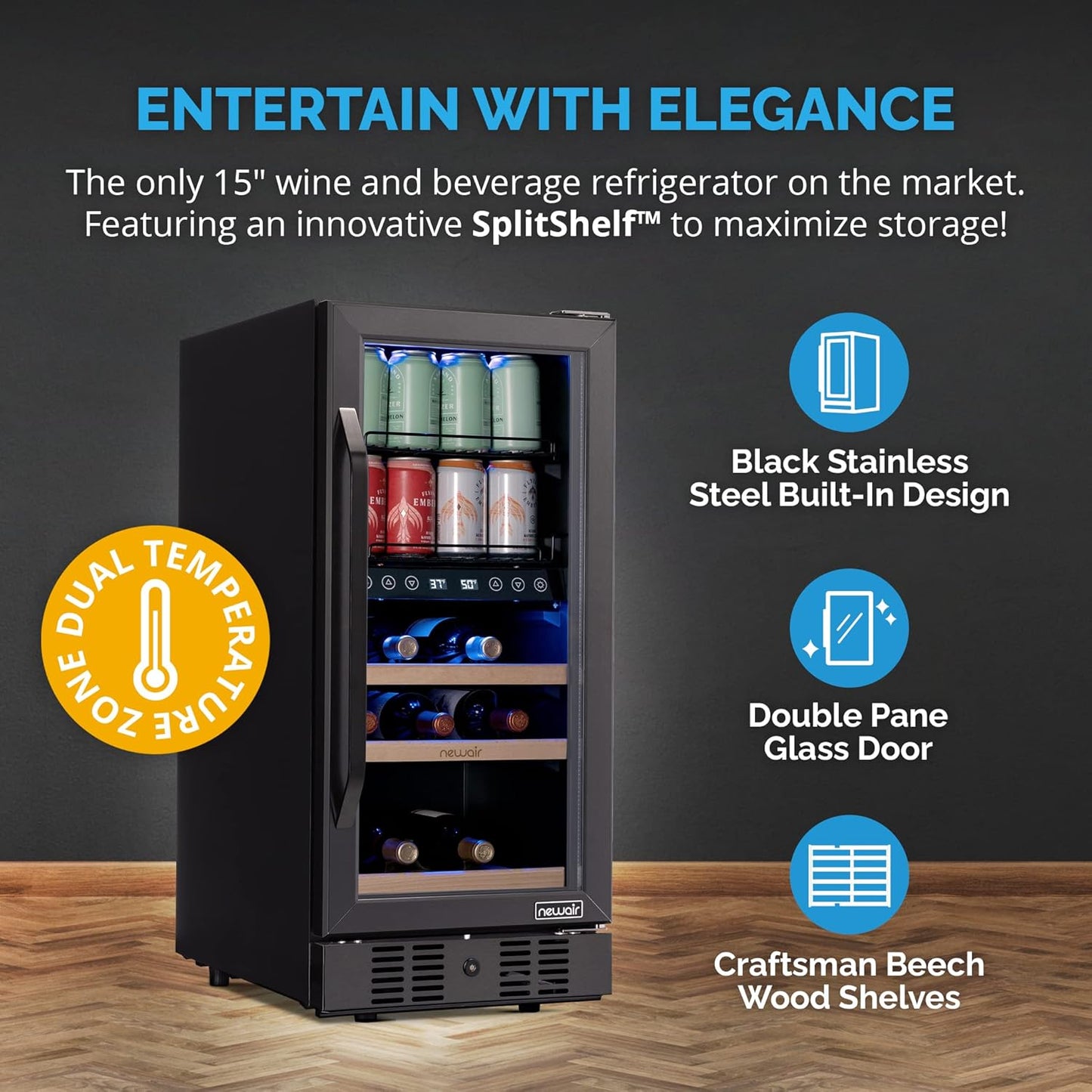 Newair 15" Wine and Beverage Refrigerator 9 Bottle and 48 Can Capacity, Beverage Cooler in Stainless Steel, Built-in or Freestanding Dual Zone Drink Fridge with Triple-Pane Glass Door