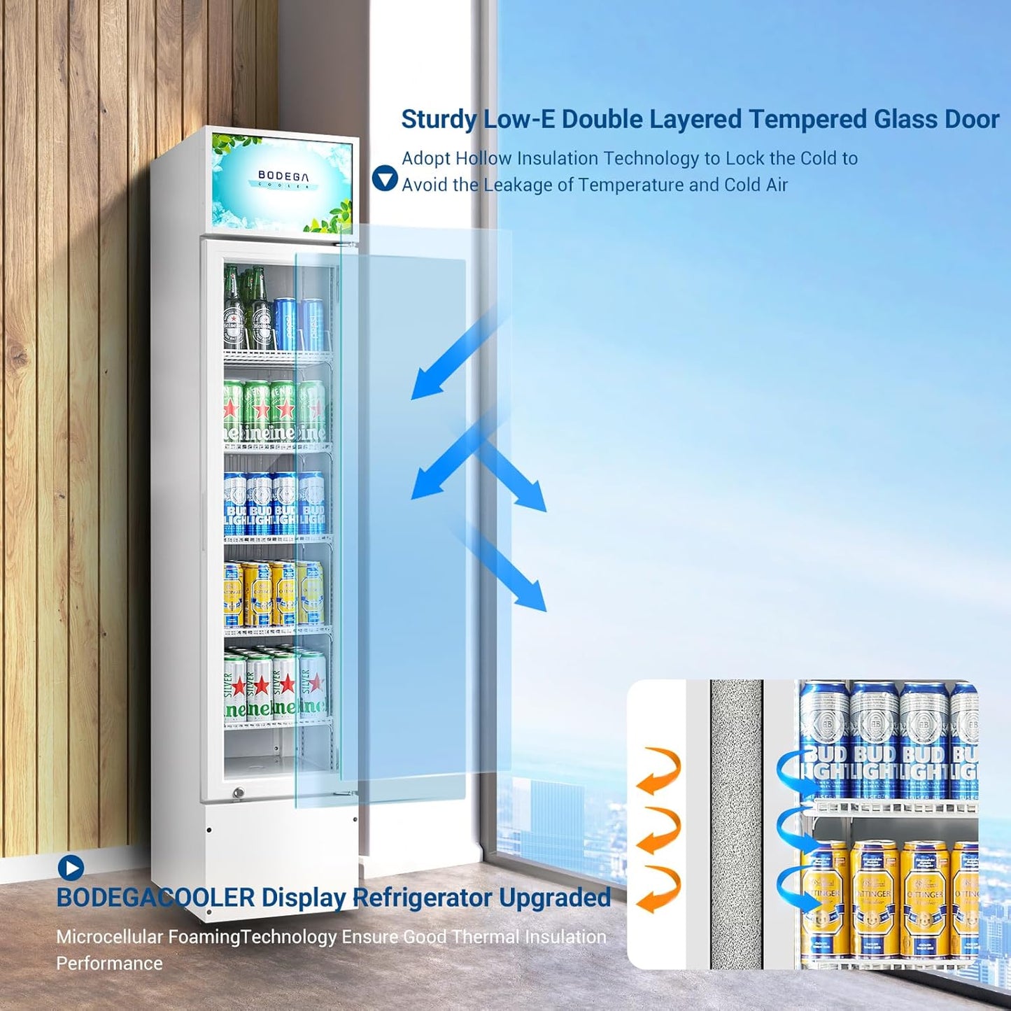 BODEGACOOLER 5.7 Cu.Ft Commercial Beverage Refrigerator,Commercial Cooler Refrigerators Glass Door Display Fridge for Bar,Drink,Tall Drink Cooler for Parties,Slim Single Door Display Fride