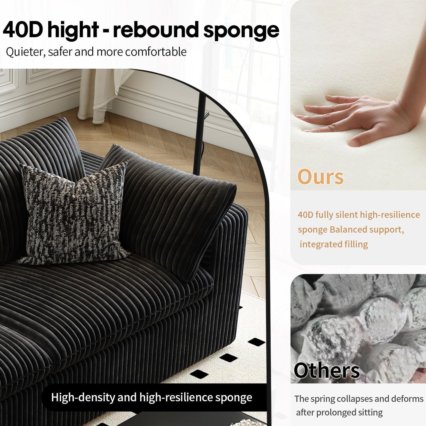 118" Cloud Couch Modular Sectional Sofa for Living Room,Modern Sofa with Deep Seat，3 Seater Boneless Couch,Comfy Upholstered Corduroy Couches for Apartment, Studio, Office,Bedroom，Black