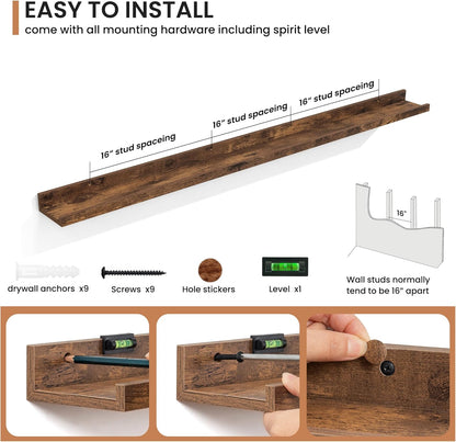 Fun Memories Picture Ledge Shelves Set of 2, 55 Inch Rustic Wall Mounted Floating Shelves with Lip for Home Storage and Décor in Bathroom, Kitchen, Nursery, Bedroom, Living Room, Brown