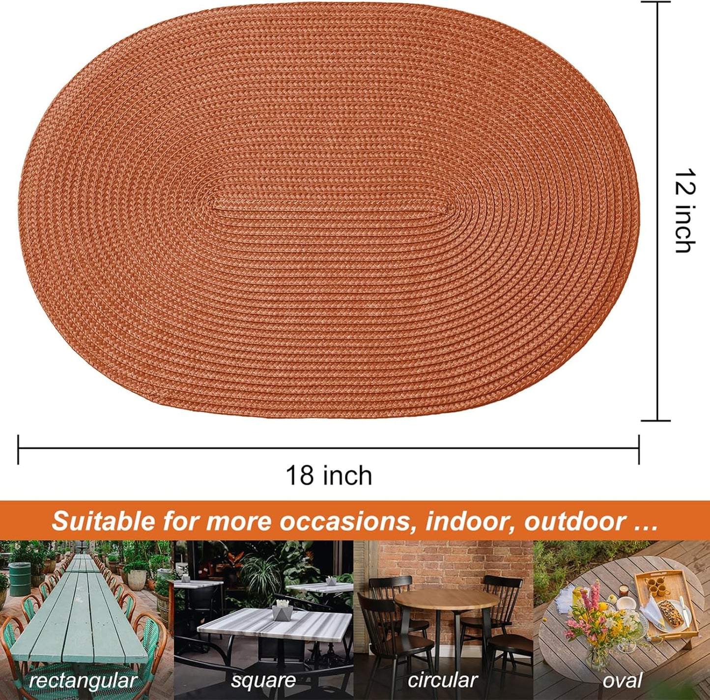 AHHFSMEI Placemats Set of 6 for Dining Table Washable Woven Vinyl Non-Slip 18x12 inches Placemat Heat-Resistant Durable Table Mats for Dining Table Easy to Clean (Burnt Orange 6)