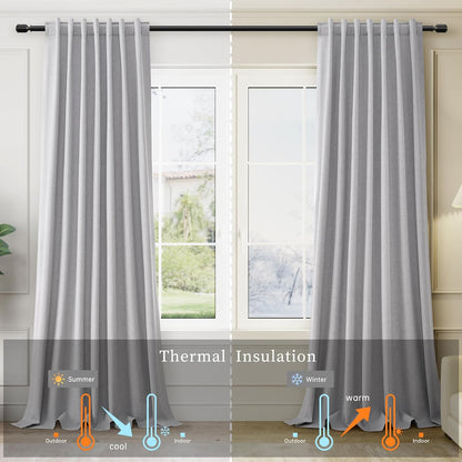 Gray Thermal Insulated Linen Curtains 90 Inches Long 2 Panels Back Tab Light Grey 100% Black Out Room Darkening Window Drapes Modern Thick Blackout Curtains for Bedroom Living Room Noise Reducing