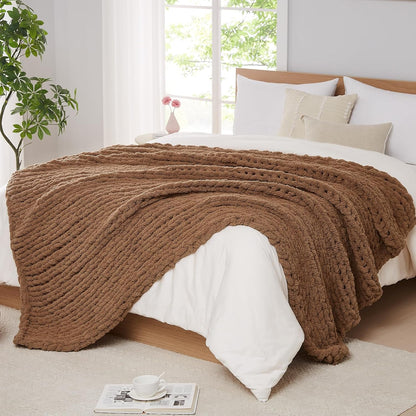 L'AGRATY Chunky Knit Blanket Throw - Soft Chunky Throw Blanket 30x40 inches: 100% Hand Kintted Chenile Crochet Throw Blanket for Couch - Large Cable Knit Chunky Blanket for Home Decor(Brown)