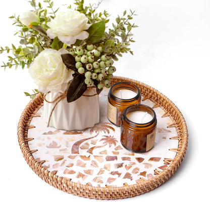 Round Rattan Tray with Mother of Pearl Inlay & Wooden Base - Decorative Wicker Serving Tray for Coffee/Bread/Fruits, Food Storage & Display - Multipurpose Home Decor (M,Island)