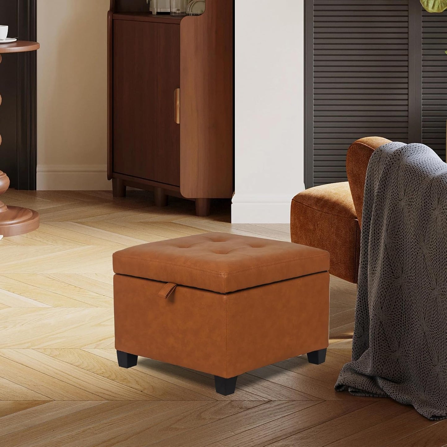 Adeco 17.5" Faux Leather Storage Ottoman with Hinged Lid, 14 Inch High Square Cube Foot Stool with Storage, Upholstered Vanity Stool with Solid Wood Legs for Living Room, Bedroom, Dorm (Warm Orange)