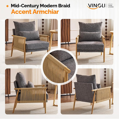 VINGLI Boho Braid Accent Armchair,Mid-Century Modern Chiar with Solid Wooden Armrest,Comfy Louge Cushion Chair with Waist Pillow for Bedroom,Living Room,Reading Room, Gray