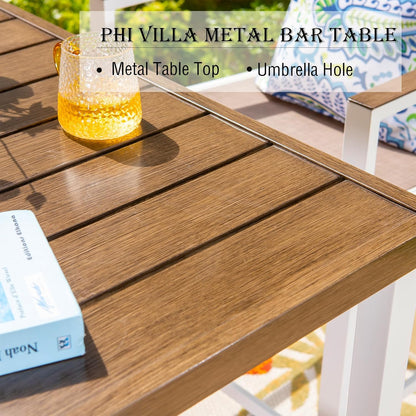 PHI VILLA Outdoor Bar Table, High Patio Table with Umbrella Hole, White Legs, Metal Frame, Sturdy & Durable for Outdoor & Indoor