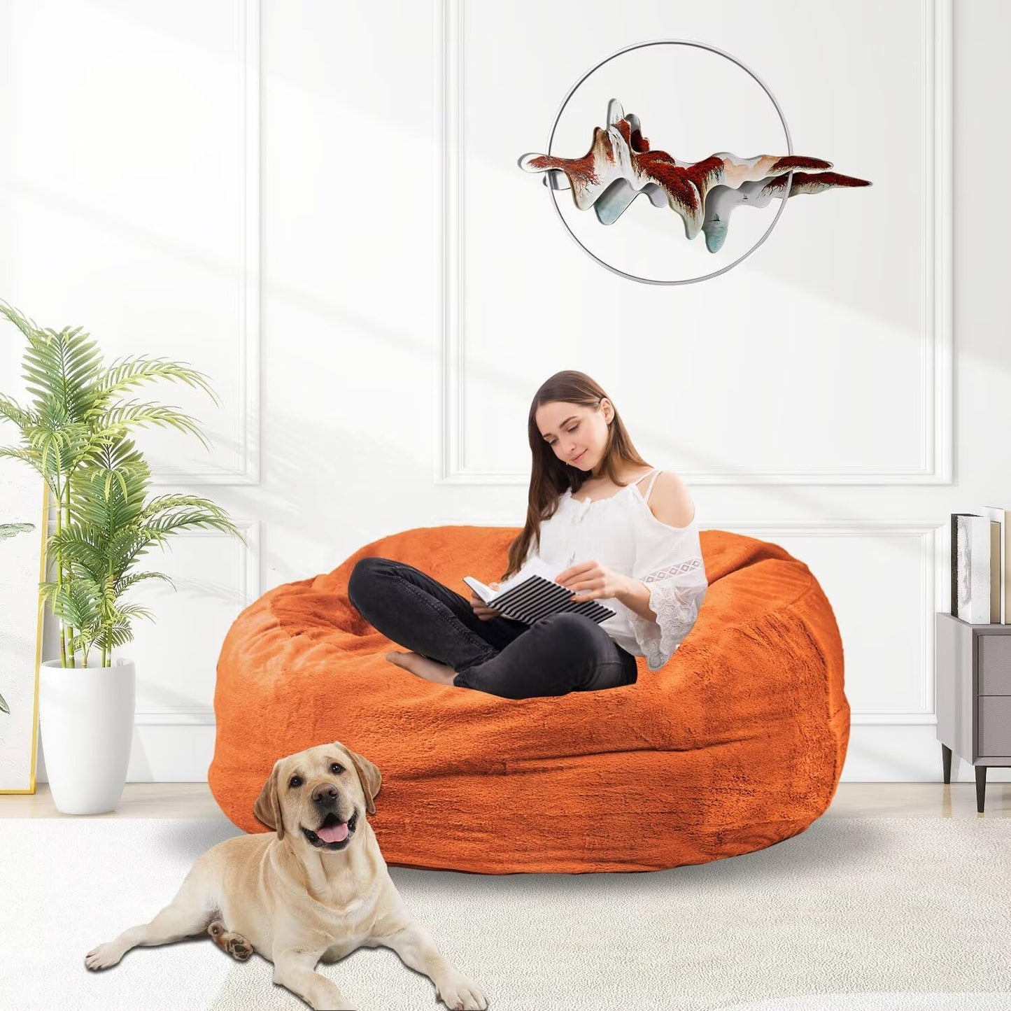 Bean Bag Chair for Adults 3FT,Soft Removable Cover for Teens/Girls Bedroom,Fluffy Giant Round Floor Beanbag Lounger Chairs (No Filler,Orange)