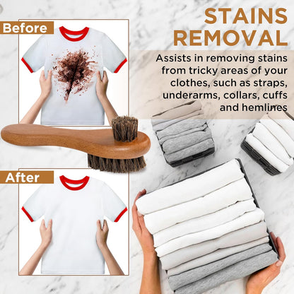 DUGATO Dual-Bristle Horsehair Laundry Stain Brush Set (2pcs) - Gentle & Tough Scrubbing for Clothes, Fabrics, Shoes - Pre-Wash Spot Treatment Tool