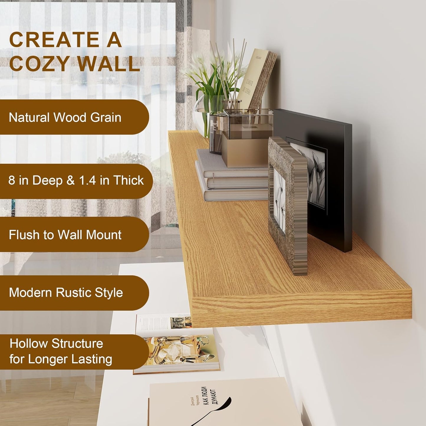 Fun Memories Floating Shelves, 8 Inch Deep Floating Shelves, Rustic Wood Fireplace Mantel 48 in Long, 48 x 8 Floating Wall Shelves for Living Room, Kitchen, Bedroom, Oak Color, 1 Pack