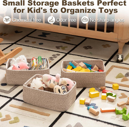 3 Pack Small Storage Baskets for Organizing, Cute Woven Decorative Gift Baskets for Shelves, Mini Closet Organizer Bins with Handles, 11.81''Lx7.87''Wx4.72''H-Brown
