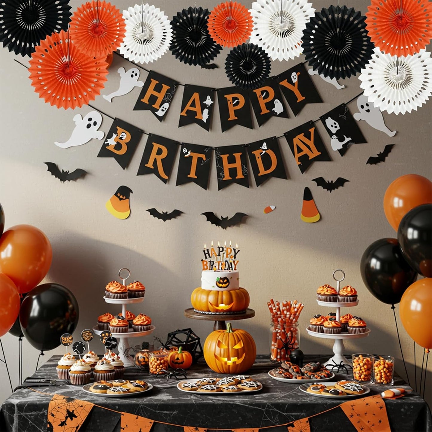 BEISHIDA Black Orange White Hanging Honeycomb Round Paper Fans Decoration Set for New Year Baby Shower Halloween Birthday Wedding Photo Booth Backdrops Anniversary Paper Party Supplies 11packs