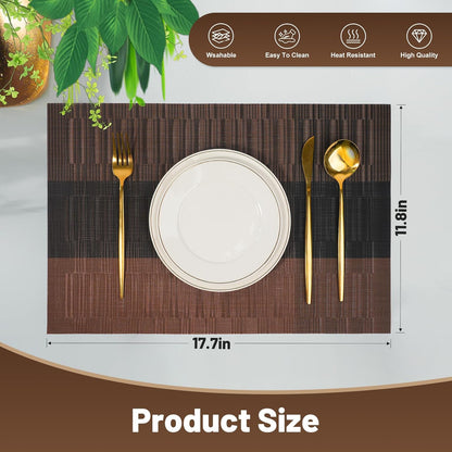 Placemats Set of 8，Non-Slip PVC Weave Table Mats Easy to Clean，Heat Resistant Place Mats for Kitchen Dining Table Decoration Indoor Outdoor，Black Brown