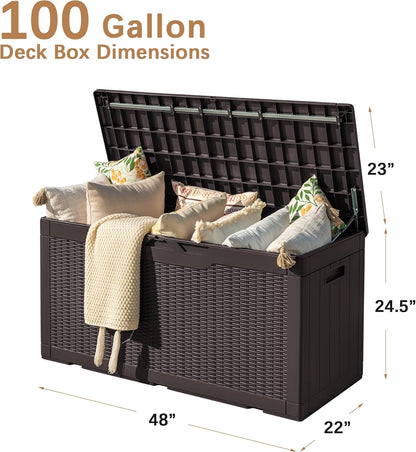 Devoko 97 Gallon Deck Box, Waterproof Resin Outdoor Storage Box for Outside and Patio, Large Outdoor Storage Bench Cabinet Lockable for Patio Furniture, Garden Tools and Pool Supplies (Deep Brown)