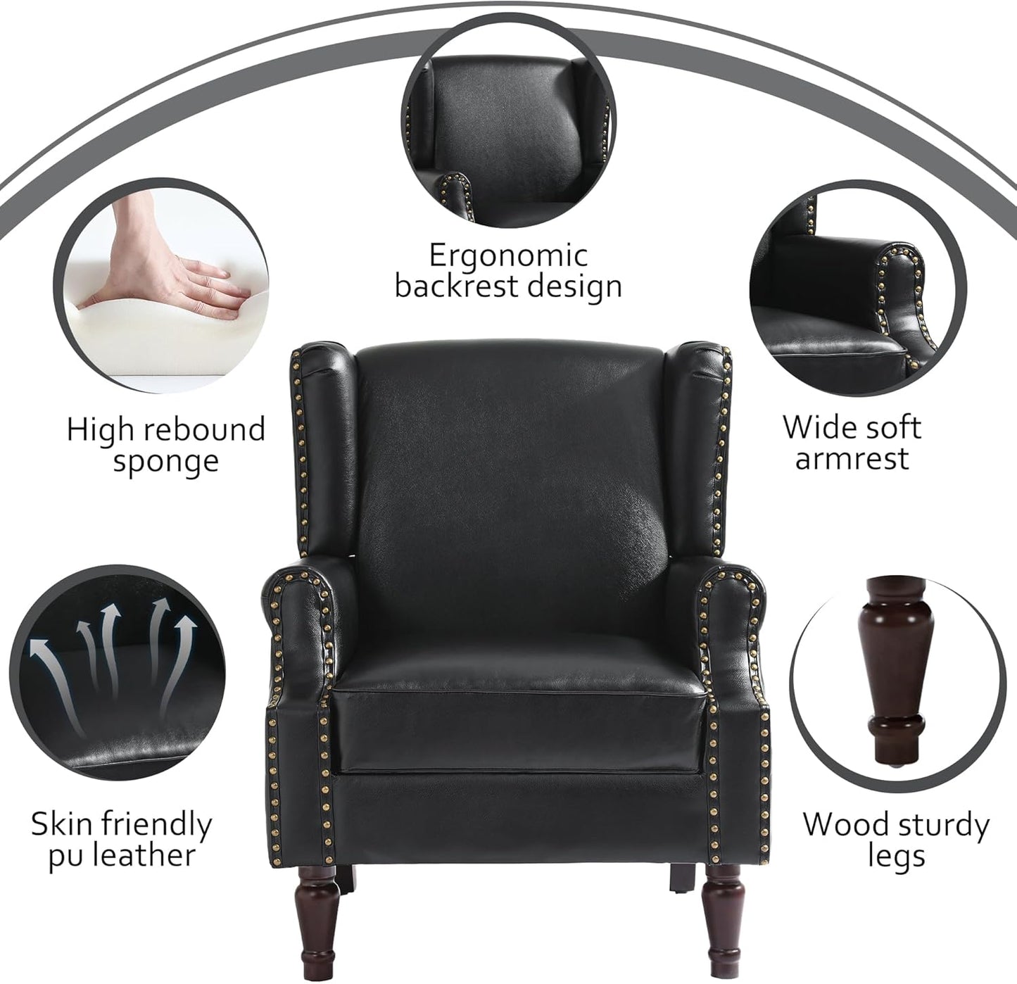 Accent Chair, Faux Leather High Back Armchair or Living Room, Comfy Upholstered Single Sofa Reading Chair with Solid Wood Legs for Office, Bedroom, Waiting Room-Black