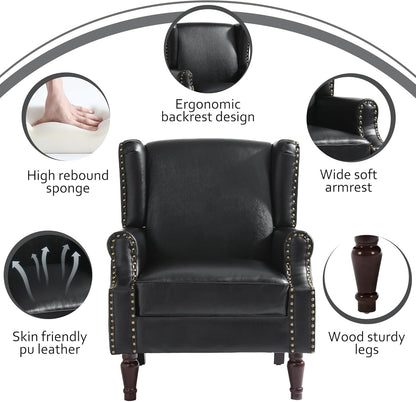 Accent Chair, Faux Leather High Back Armchair or Living Room, Comfy Upholstered Single Sofa Reading Chair with Solid Wood Legs for Office, Bedroom, Waiting Room-Black