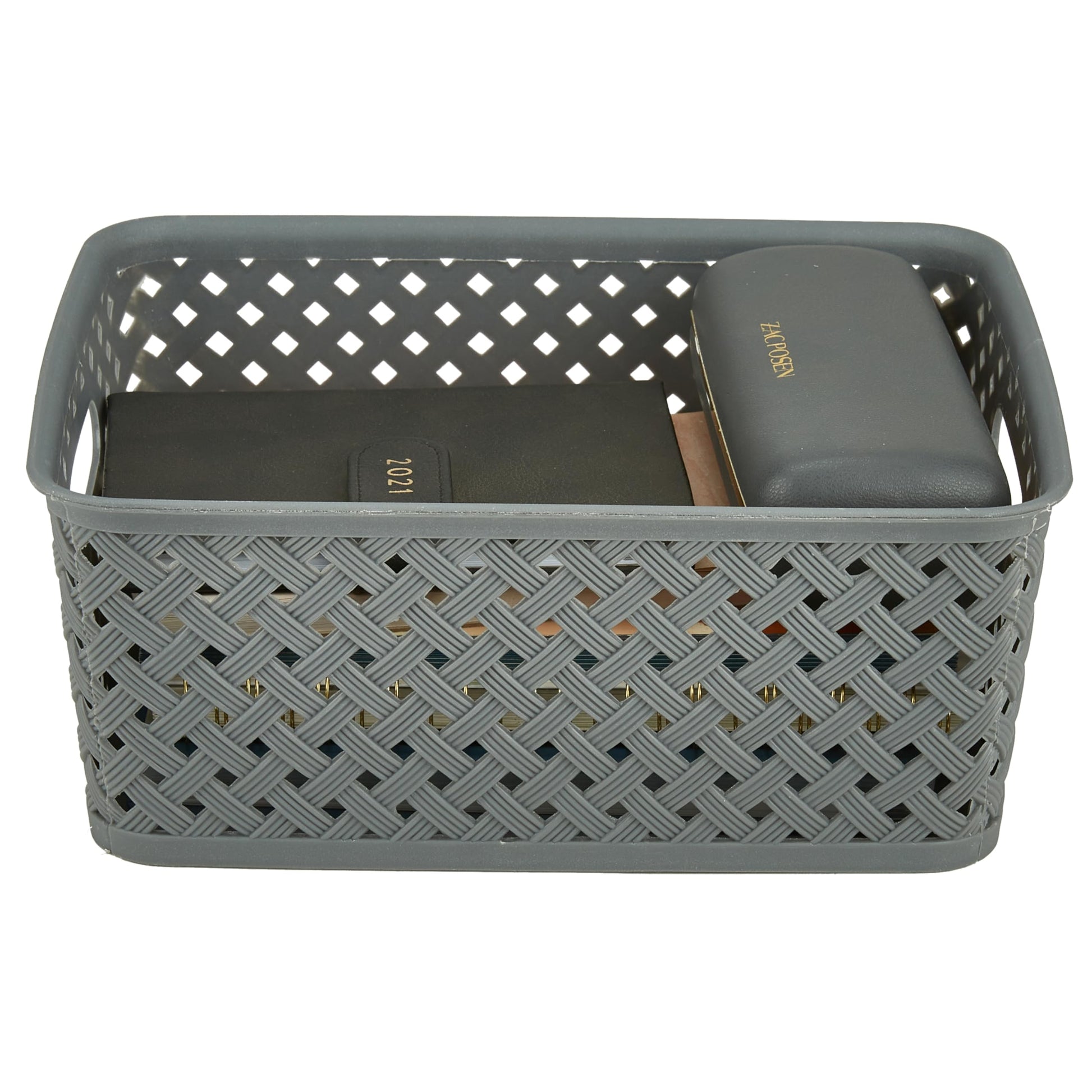 Simplify Small Resin Wicker Tote | Storage Bin | Plastic Organizer | Carrying Handles | Bathroom |