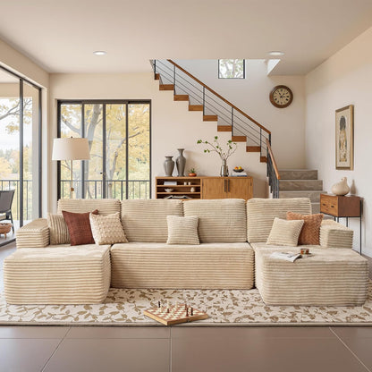 Cloud Sectional Couches for Living Room,U Shaped Modular Sofas No Assembly,133x68 Inches Plush Corduroy Oversized Floor Couch Set with Deep Seat Chaise,Beige