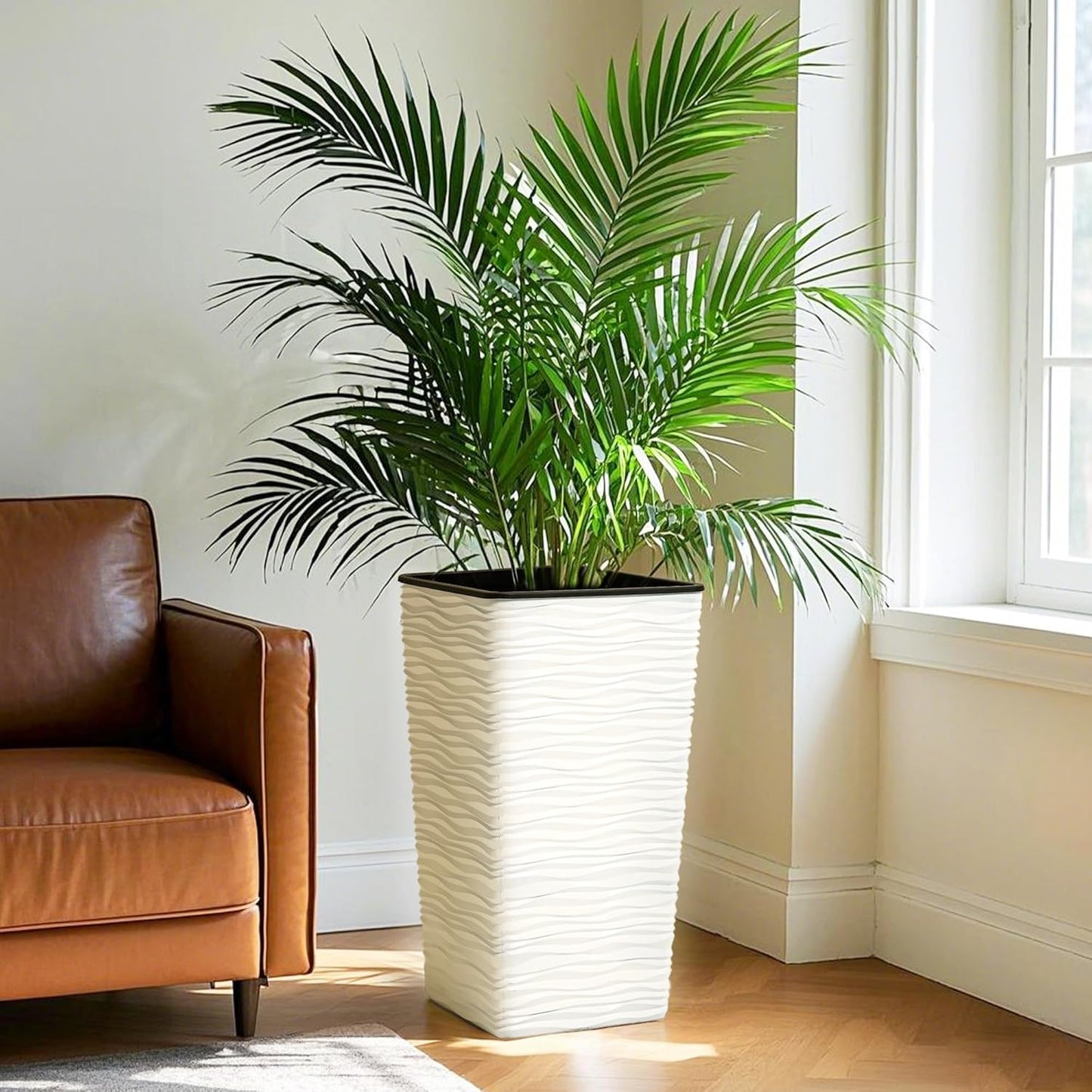 Worth Garden 2-Pack 22" H. White Square Tapered Planter with Inside Pots - Plastic Plant Pots for Indoor Outdoor - Modern Wavy Finish Decorative Flower Pots for Front Porch Containers Patio Deck