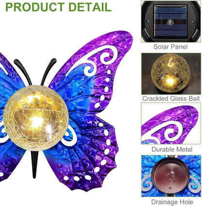 Solar Lights Outdoor Garden Butterfly Decor, Metal Butterfly Statue Decoration with LED Crackle Glass Globe, Solar Powered Lighted Garden Art Decor for Patio Lawn Yard Pathway Tabletop Ground