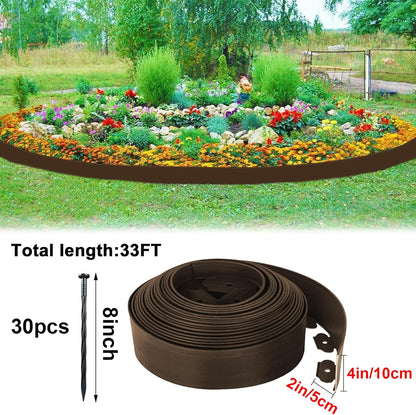Landscape Edging Border 33 FT with 30 Spikes,No Dig Garden Edging Lawn Border [Extra Tall 4IN High],Flexible Lawn Edging for Landscaping Flower Beds Yard Pathway (Brown)