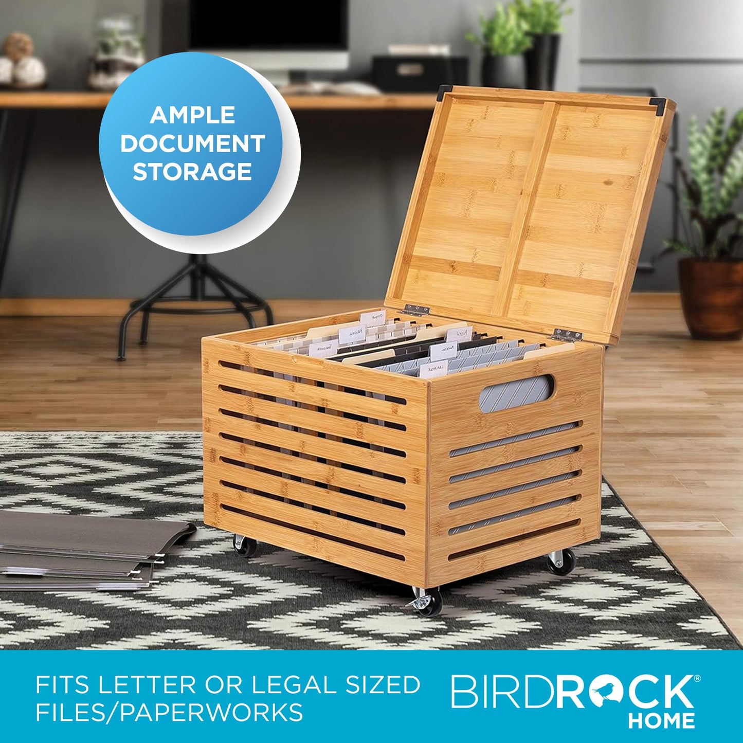 BIRDROCK HOME Rolling File Storage Organizer Box with Lid - Bamboo Decorative Wood Hanging File Box