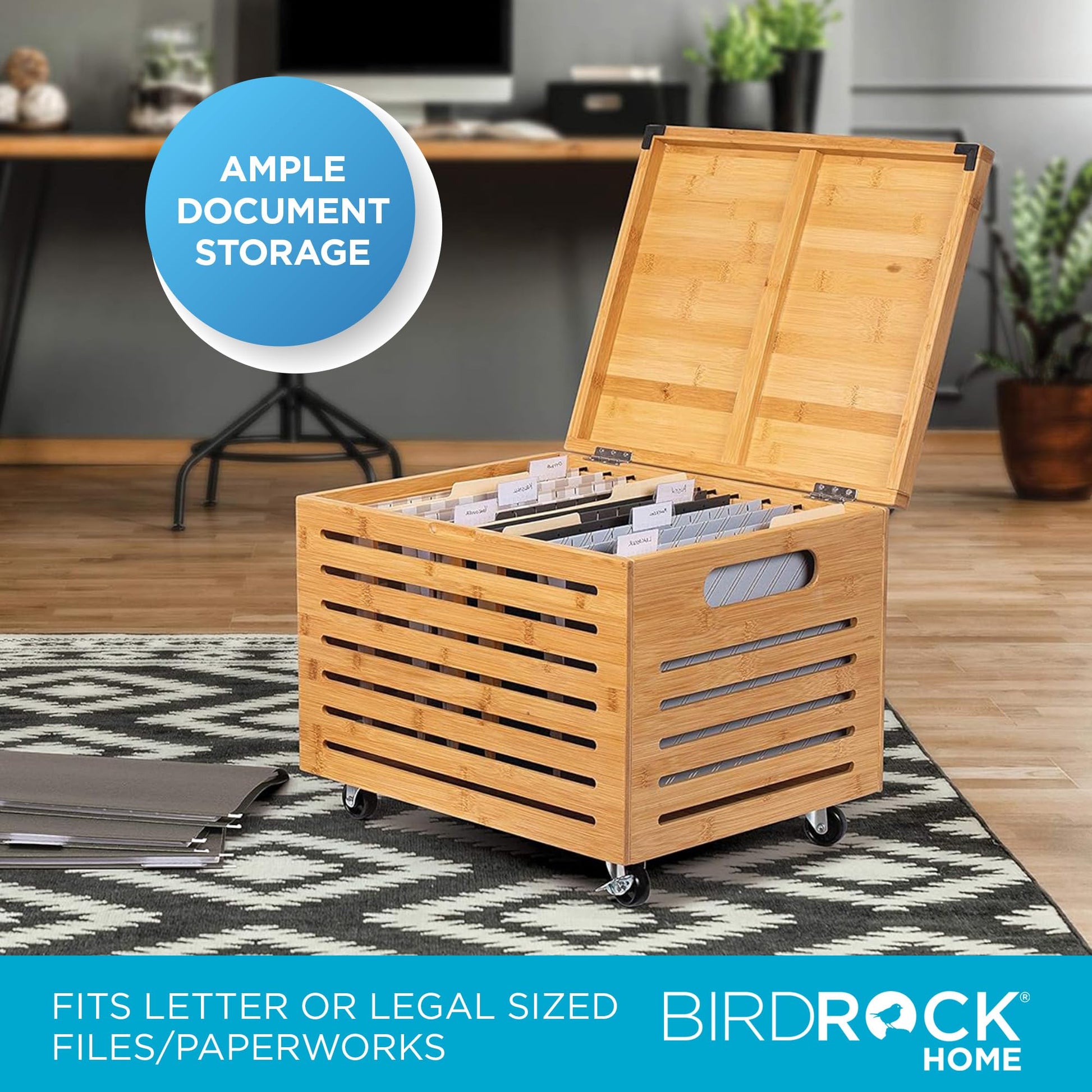 BIRDROCK HOME Rolling File Storage Organizer Box with Lid - Bamboo Decorative Wood Hanging File Box