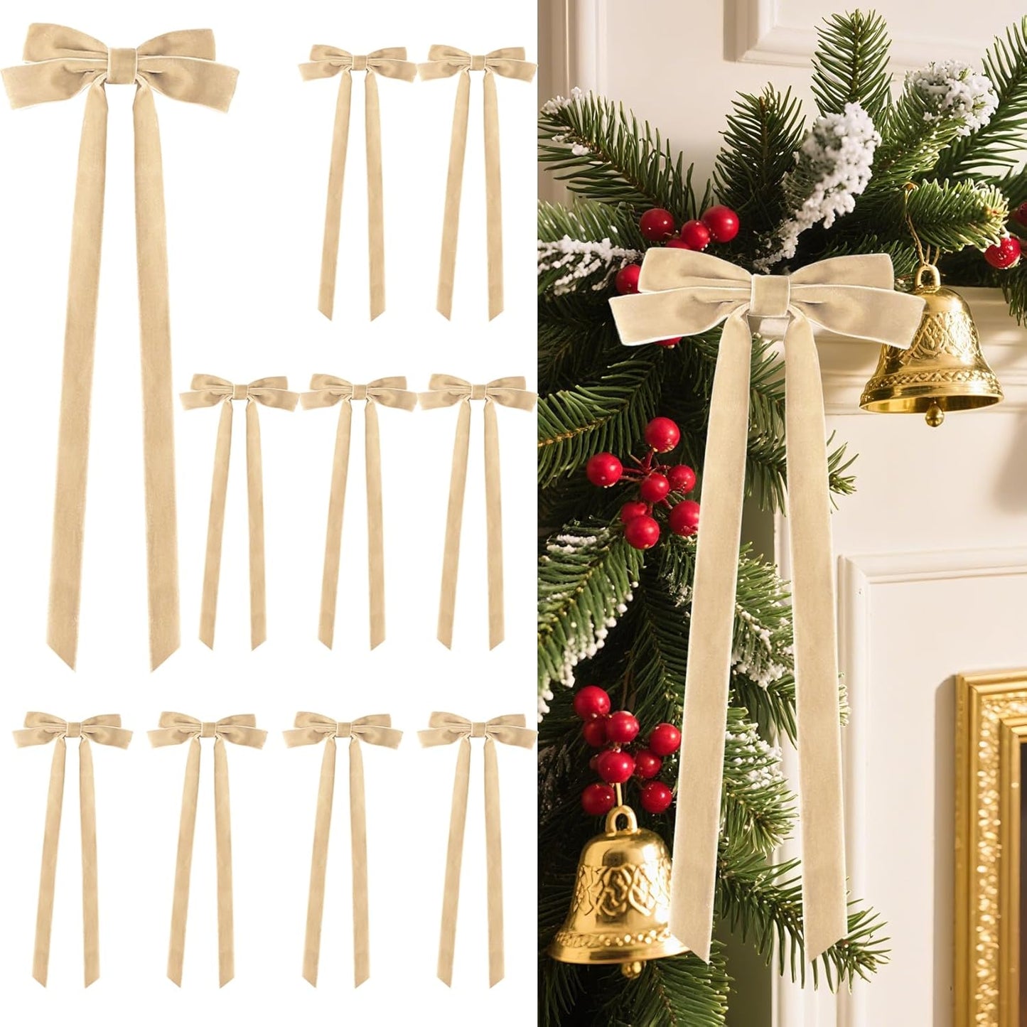 Senjie 10Pcs Large Velvet Christmas Tree Bows, 20in x 8in Premade Vintage Ribbon Tree Topper Bows Ornaments for Staircase Garland Wreath Holiday Home DIY Crafts Decorations, Khaki