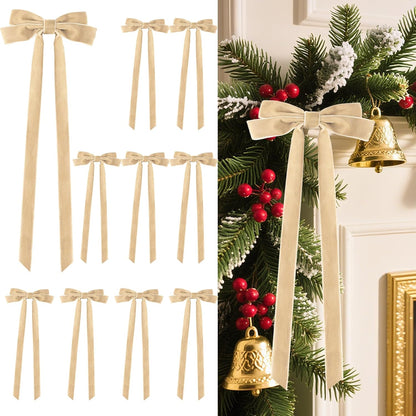 Senjie 10Pcs Large Velvet Christmas Tree Bows, 20in x 8in Premade Vintage Ribbon Tree Topper Bows Ornaments for Staircase Garland Wreath Holiday Home DIY Crafts Decorations, Khaki