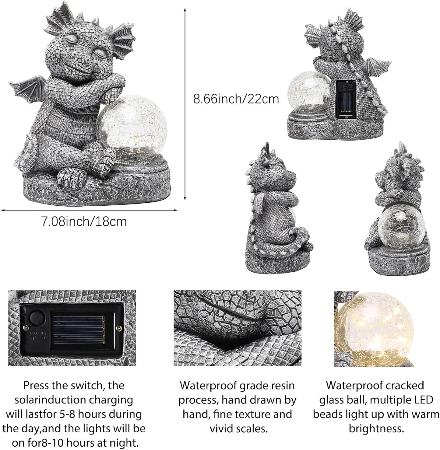 Garden Outdoor Dragon Statue Holding Solar Magic Orb LED Light Resin Adorable Baby Dragon Figurines for Patio Balcony Yard Lawn Garden Unique Housewarming Gift for Mom Grandma