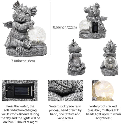 Garden Outdoor Dragon Statue Holding Solar Magic Orb LED Light Resin Adorable Baby Dragon Figurines for Patio Balcony Yard Lawn Garden Unique Housewarming Gift for Mom Grandma